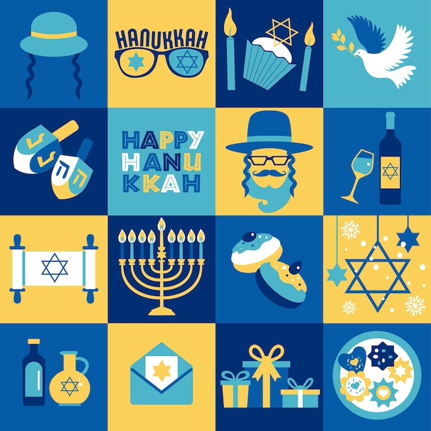 Vector jewish holiday hanukkah greeting card traditional chanukah symbols - menorah candles, star david