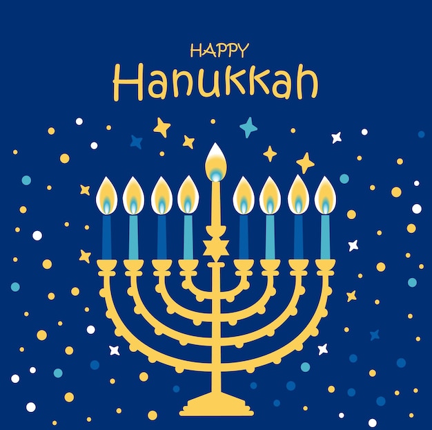 Vettore simboli tradizionali di chanukah della cartolina d'auguri di hanukkah di festa ebrea - candele di menorah con l'illustrazione della stella sul blu.