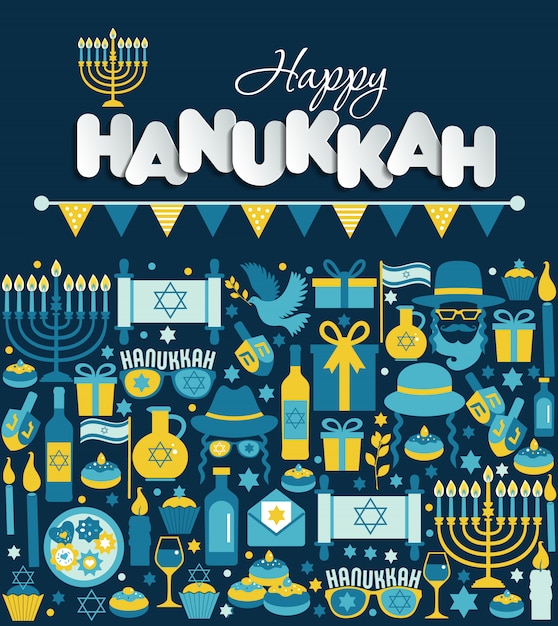 Vector jewish holiday hanukkah greeting card traditional chanukah symbols