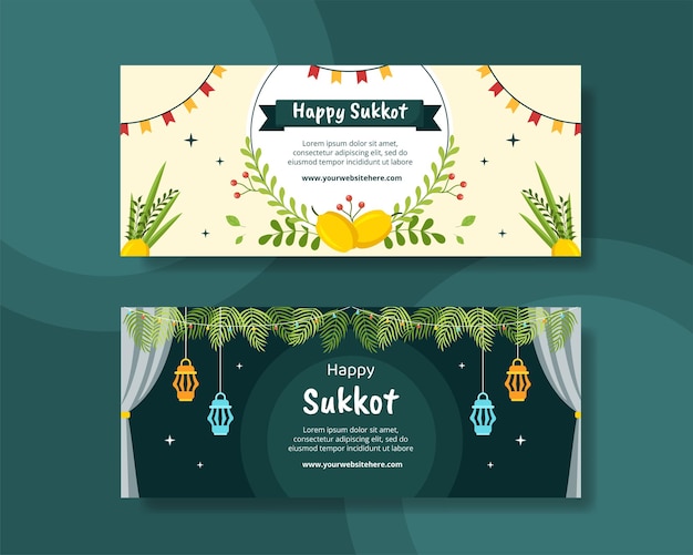 Vector jewish holiday sukkot horizontal banner template hand drawn cartoon flat illustration