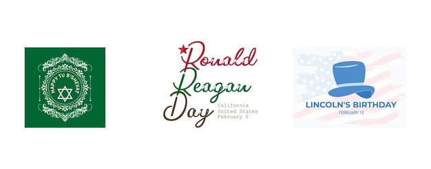 Jewish holiday Tu bshevat Ronald Reagan day Lincolns Birthday set flat vector modern illustration