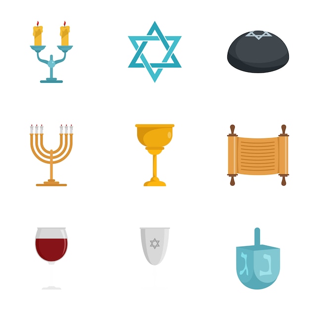 Jewish icon set. Flat set of 9 jewish 