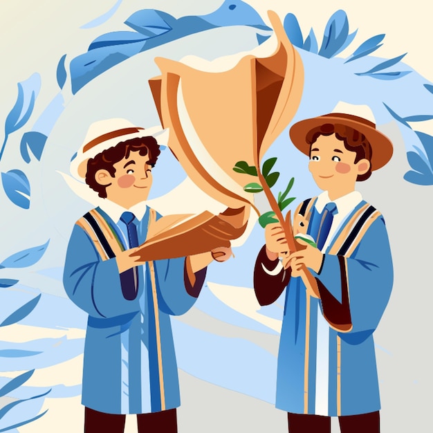 Vector jewish kids wearing jewish traditional robe holding a shofar horn and tanakh scripture to