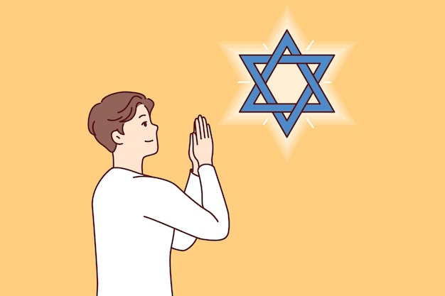 ベクトル ユダヤ人の十代の男性はシャバトの準備の儀式を観察しダビデの星を見ながら祈っています