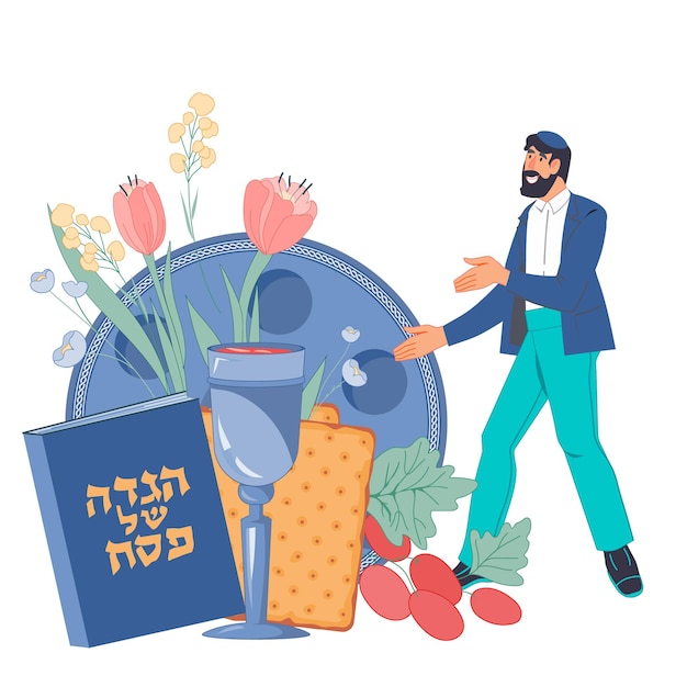 Vector jewish passover banner or greeting card with male character and traditional passover items