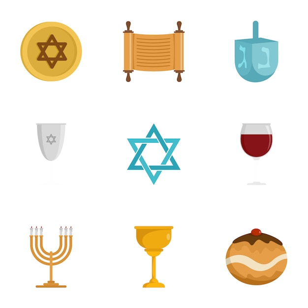 Jewish religion icon set, flat style