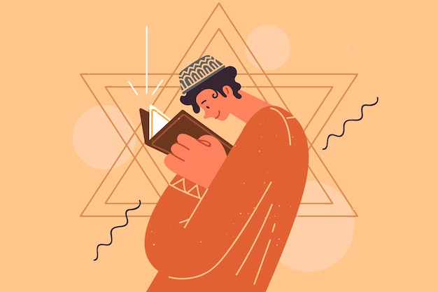 Vector jewish teenage boy reads torah with description of judaism standing near star of david