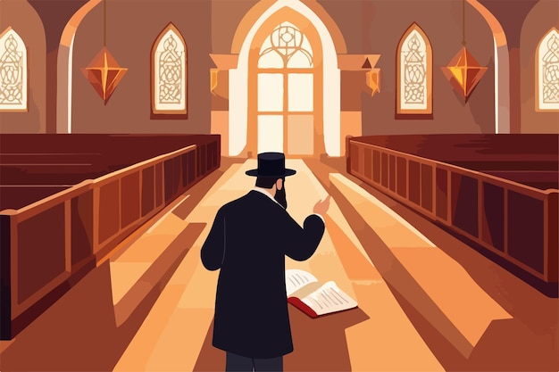 Vettore serie di illustrazioni vettoriali ebraiche ebreo che legge la torah nell'illustrazione vettoriale della sinagoga
