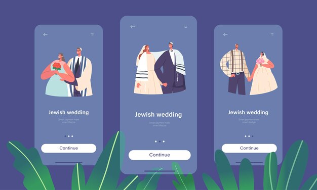 ユダヤ人の結婚式 モバイル アプリ ページ オンボード画面テンプレート 現代のユダヤ人 新郎新婦 新婚カップルのキャラクター