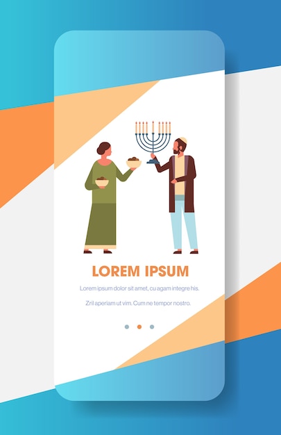 Jews couple holding menorah jewish man woman in traditional clothes standing together happy hanukkah judaism religious holidays concept full length vertical vector illustration