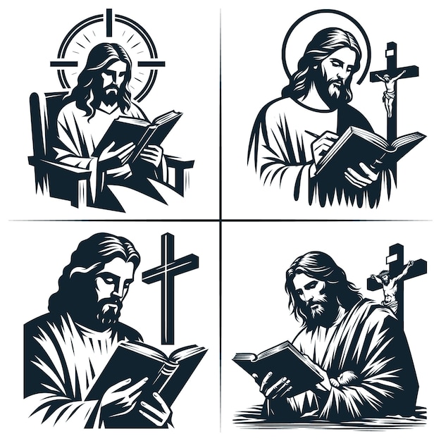 Jezus Christus Doornkroon vector Jezus die een bijbel leest Kruis vector