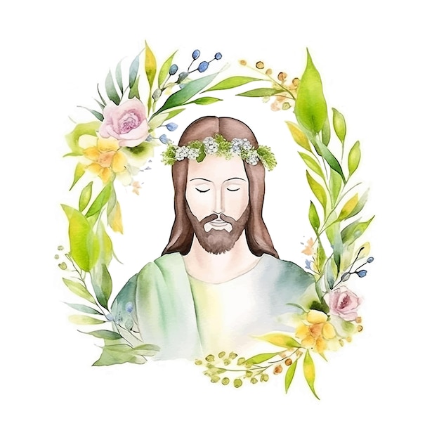 Jezus Christus omgeven door bloemen aquarelverf