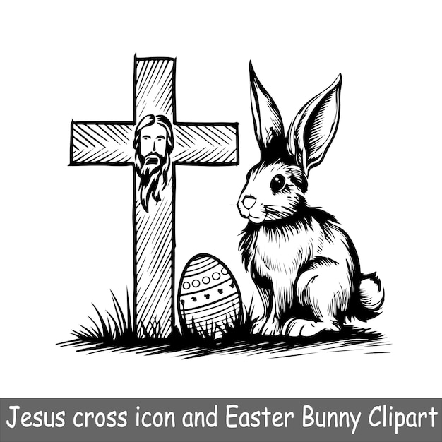Vector jezus kruis icoon en pasen konijn clipart sketch art