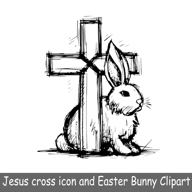 Vector jezus kruis icoon en pasen konijn clipart sketch art