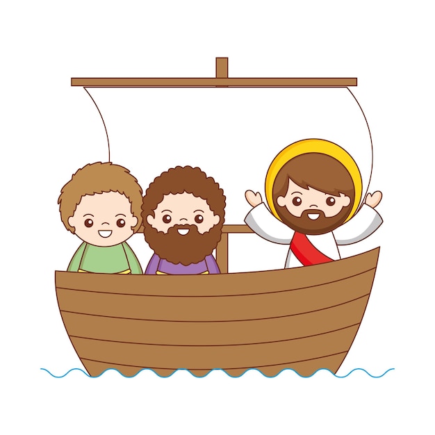 Vector jezus met discipelenbeeldverhaal in de boot. vector illustratie