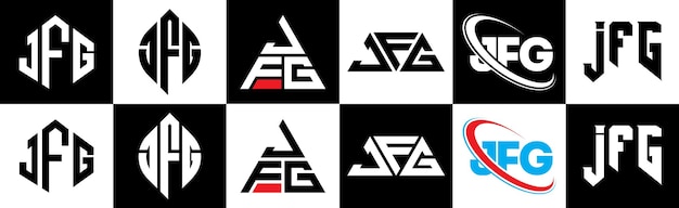 ベクトル 6 つのスタイルの jfg 文字ロゴ デザイン jfg 多角形、円、三角形、六角形のフラットでシンプルなスタイルで、黒と白のカラー バリエーションの文字ロゴが 1 つのアートボードに設定されています jfg ミニマリストとクラシックなロゴ