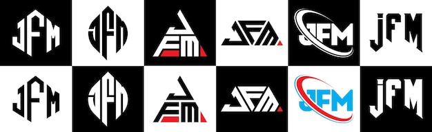JFM letterlogo-ontwerp in zes stijlen JFM veelhoek cirkel driehoek zeshoek platte en eenvoudige stijl met zwart-witte kleurvariatie letterlogo in één tekengebied JFM minimalistisch en klassiek logo