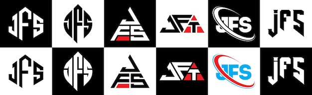 ベクトル 6 つのスタイルの jfs 文字ロゴ デザイン jfs 多角形、円、三角形、六角形のフラットでシンプルなスタイル。黒と白のカラー バリエーションの文字ロゴが 1 つのアートボードに設定されています。 jfs ミニマリストとクラシックなロゴ