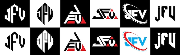 JFV letterlogo-ontwerp in zes stijlen JFV veelhoek cirkel driehoek zeshoek platte en eenvoudige stijl met zwart-witte kleurvariatie letterlogo in één tekengebied JFV minimalistisch en klassiek logo