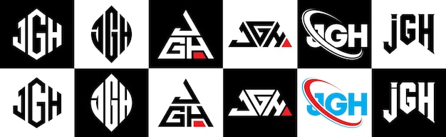 JGH letterlogo-ontwerp in zes stijlen JGH veelhoek cirkel driehoek zeshoek platte en eenvoudige stijl met zwart-witte kleurvariatie letterlogo in één tekengebied JGH minimalistisch en klassiek logo