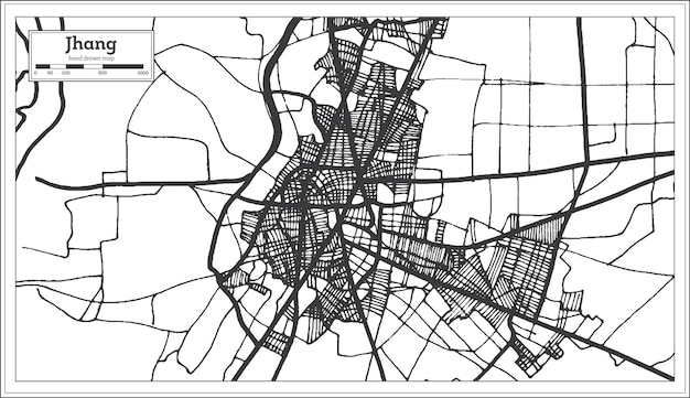Карта города Джханг Пакистан в черно-белом цвете. Векторные иллюстрации. Контурная карта.