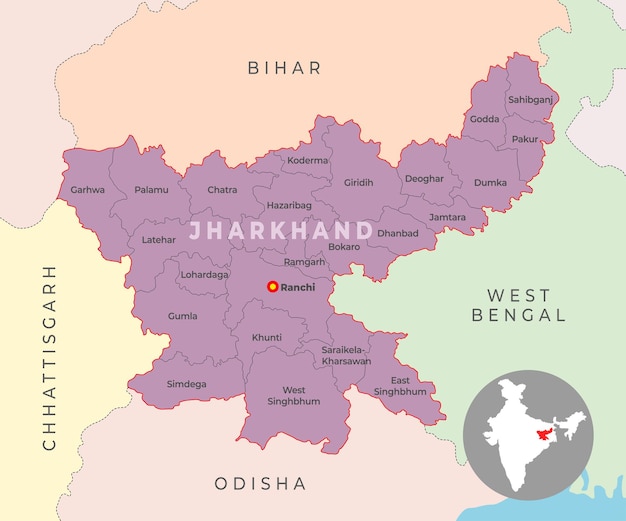 Jharkhand district map with neighbour state and country