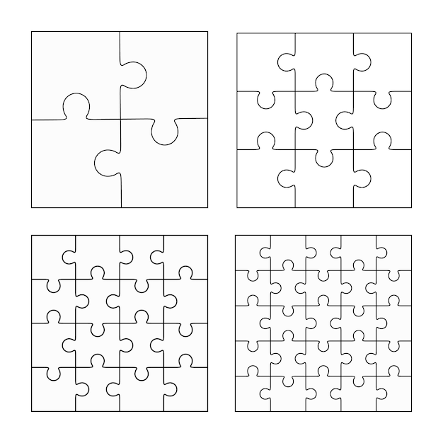 Vector jigsaw puzzle four vector templates set, blank simple pieces