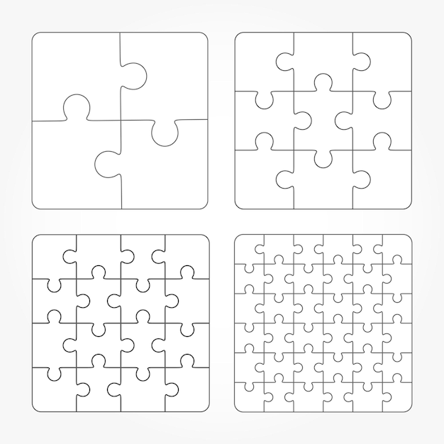 Vector jigsaw puzzle four vector templates set, blank simple pieces