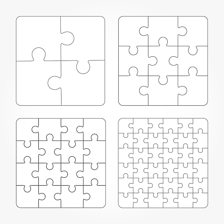 Vector jigsaw puzzle four vector templates set, blank simple pieces