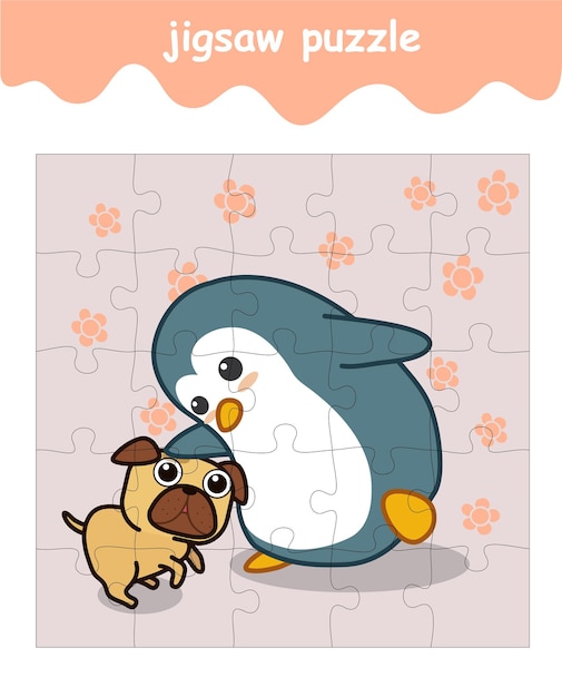 Jigsaw puzzle game of penguin and dog