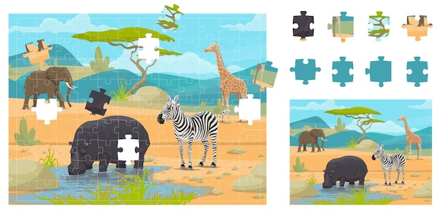 Jigsaw puzzle game pieces African savannah safari animals Part match quiz worksheet fragment connect vector puzzle or figure find riddle with cartoon elephant giraffe zebra and hippopotamus