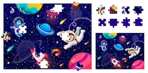 Jigsaw puzzle game pieces Astronaut and alien in outer space Form match vector riddle worksheet with alien and kid spaceman cute characters rocket and UFO saucer spaceship planet in starry galaxy