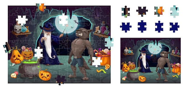 Jigsaw puzzle game pieces Halloween werewolf pumpkins and sorcerer in cave Right fragment match game shape find quiz vector worksheet with scary wizard or mage ghoul monster Halloween personages