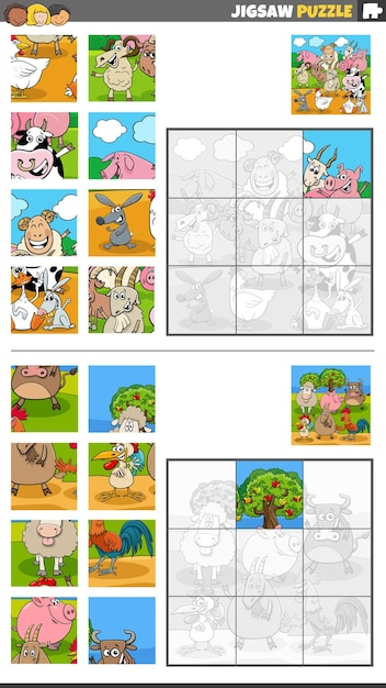 Jigsaw puzzle game set with cartoon farm animals