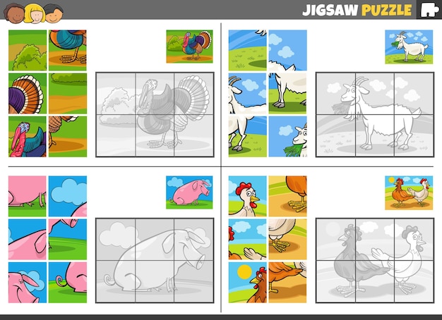 Jigsaw puzzle game set with comic farm animals