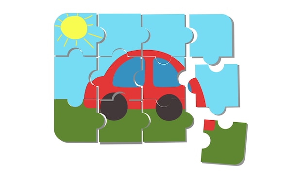 Vector jigsaw puzzle game with car picture cartoon vector of jigsaw puzzle education game for kid