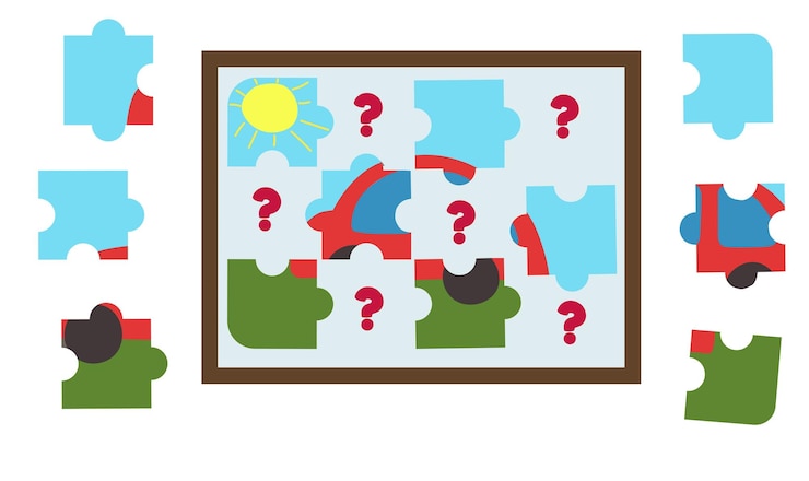 Vector jigsaw puzzle game with car picture cartoon vector of jigsaw puzzle education game for kid