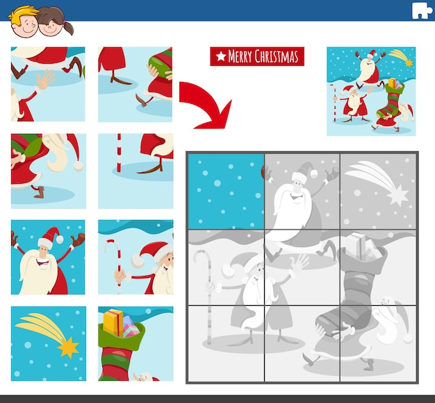 Gioco di puzzle con personaggi dei cartoni animati di babbo natale nel periodo natalizio