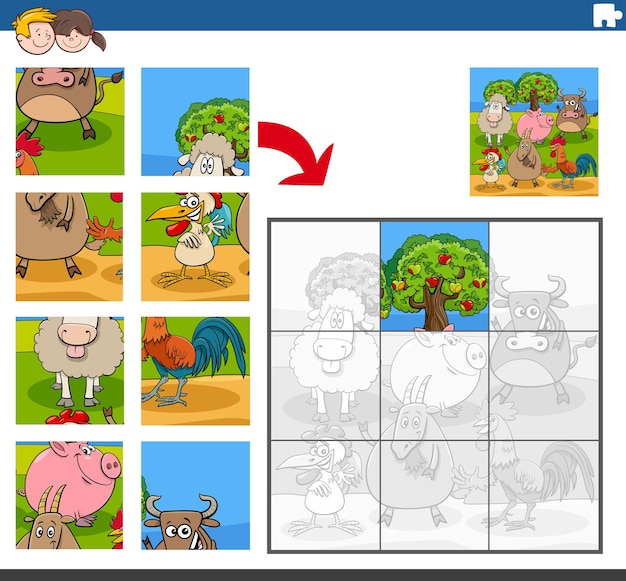 Jigsaw puzzle game with comic farm animal characters