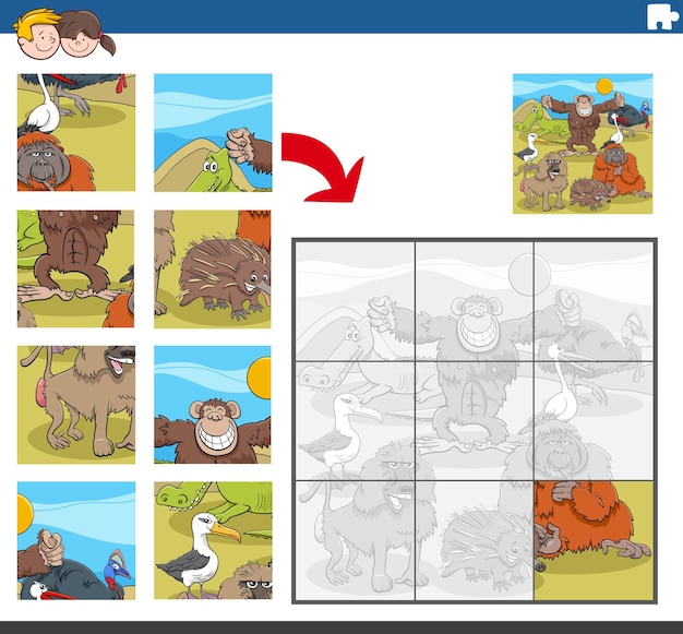 Gioco di puzzle con divertenti personaggi di animali selvatici