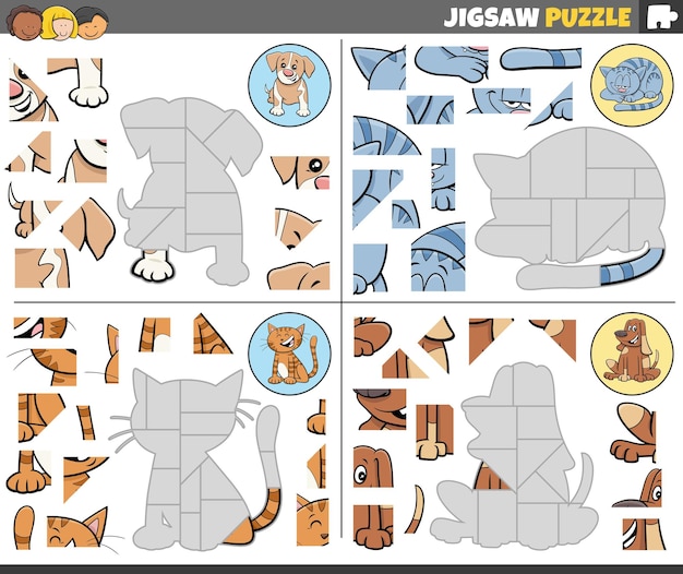 Jigsaw puzzle games set with cartoon cats and dogs