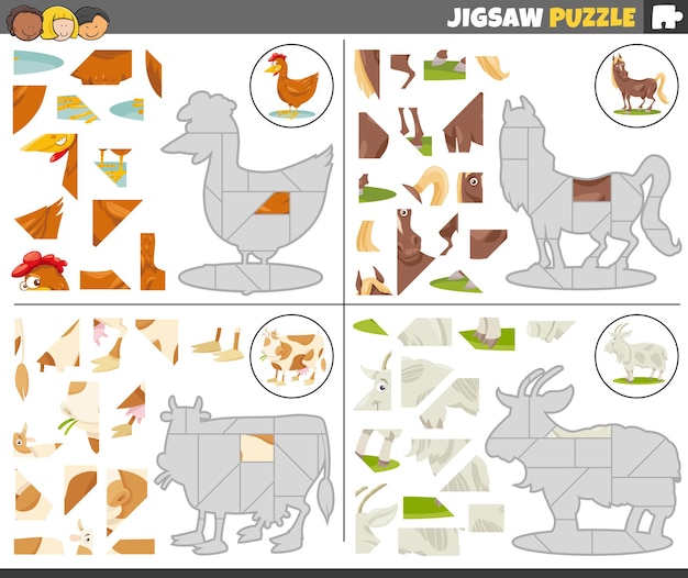 Jigsaw puzzle games set with cartoon farm animals