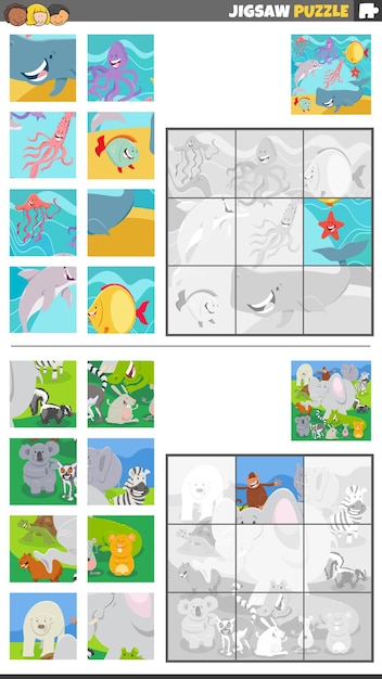 野生動物の漫画キャラクターをセットにしたジグソー パズル ゲーム