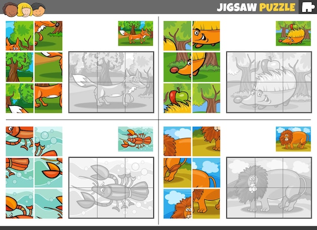 Jigsaw puzzle games set with cartoon wild animals