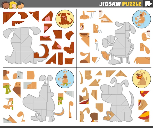 Jigsaw puzzle games set with funny cartoon dogs