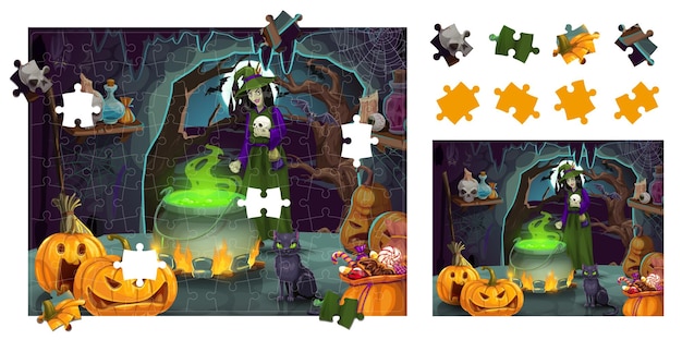 Jigsaw puzzle Halloween game pieces Cartoon eerie witch in cave with magic potion pot Correct piece connect Halloween quiz shape or figure search kids puzzle vector worksheet with witch cauldron