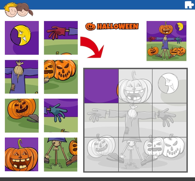 Jigsaw puzzle task with cartoon pumpkins on halloween