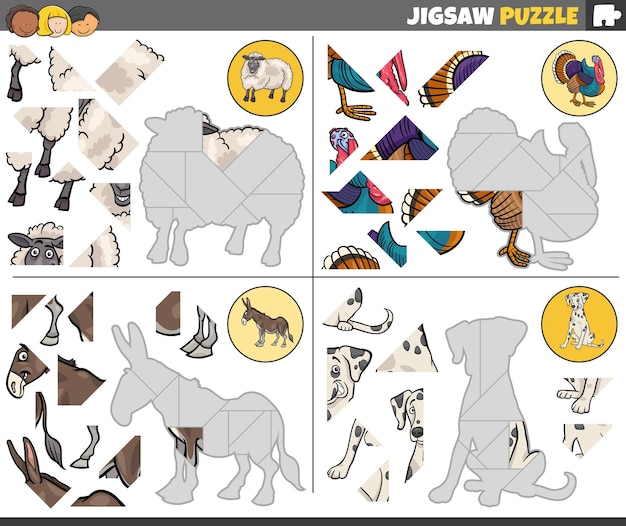 Jigsaw puzzle tasks set with funny cartoon animals