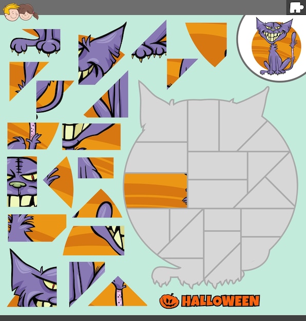 Vector jigsaw puzzle with cartoon zombie cat on halloween