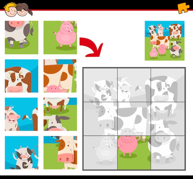 Jigsaw puzzles with cartoon happy farm animals